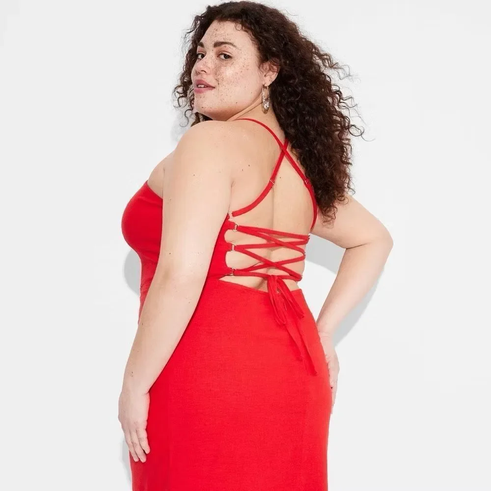✨Wild Fable Women's Linen Lace Tie Back Red Summer Midi Slip Sz 14 Dress✨ - Picture 3 of 9